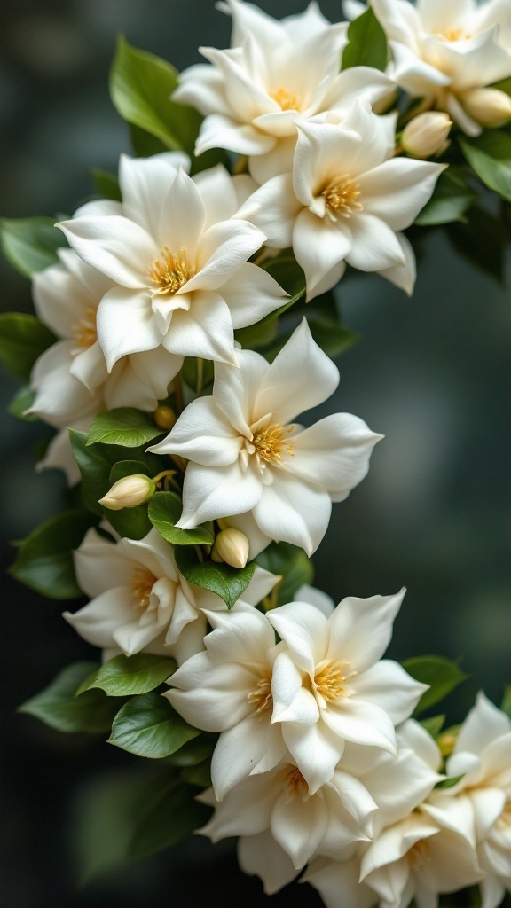 A floral wreath made of white gardenia flowers and green leaves.