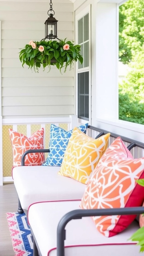 Colorful accent pillows on a porch sofa