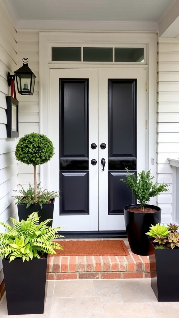 A modern front porch featuring bold monochromatic planter sets in black and white with lush greenery and white flowers.