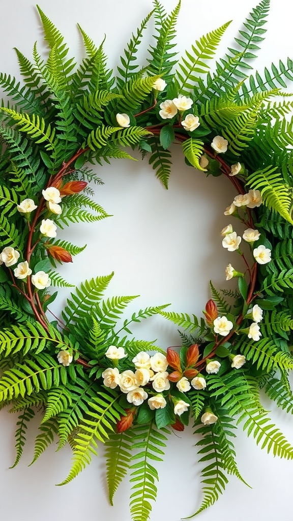 Spring floral wreath with fern accents and white flowers