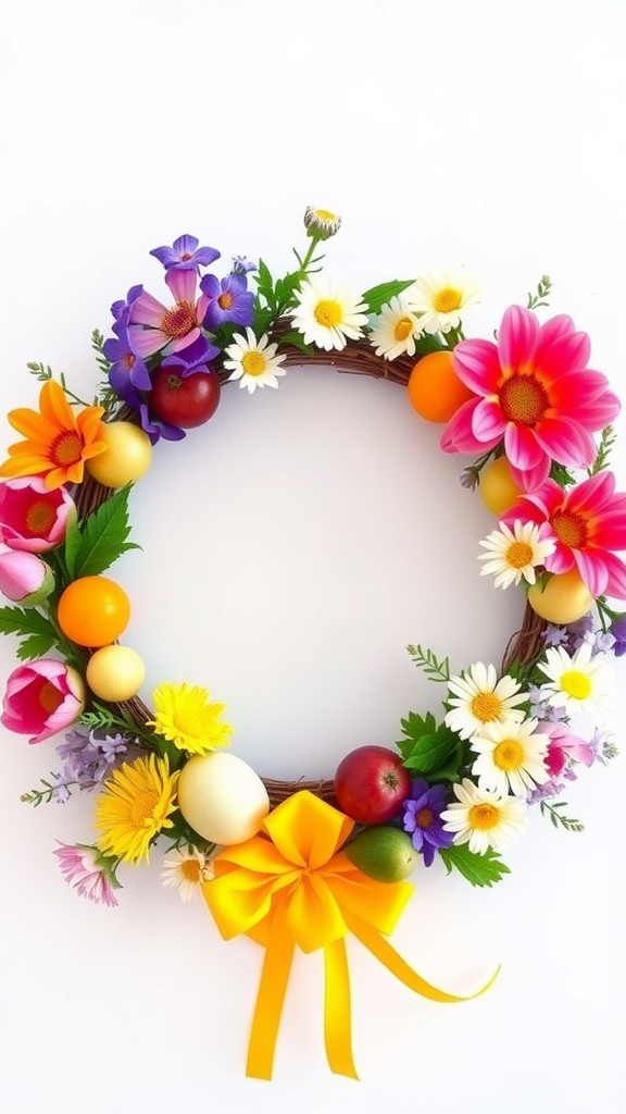 A colorful Easter wreath made of flowers and fruits with a yellow bow.