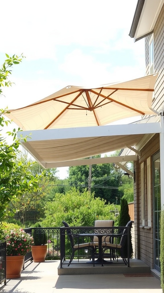 A stylish umbrella providing shade over a cozy porch seating area with green plants around.