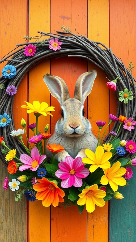 A colorful bunny wreath decorated with vibrant flowers, perfect for Easter.