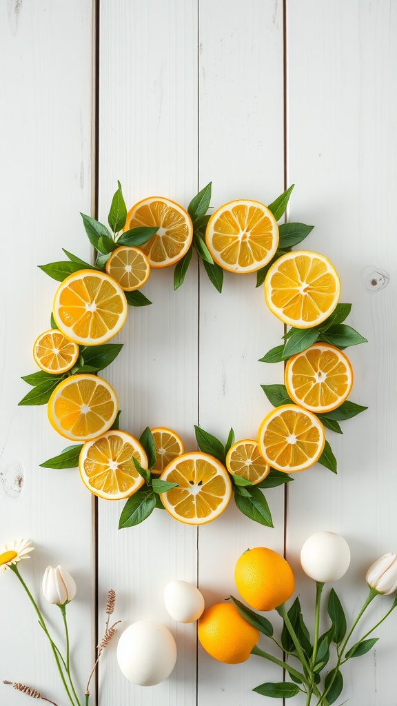 An Easter wreath featuring lemon slices and green leaves on a white wooden background.