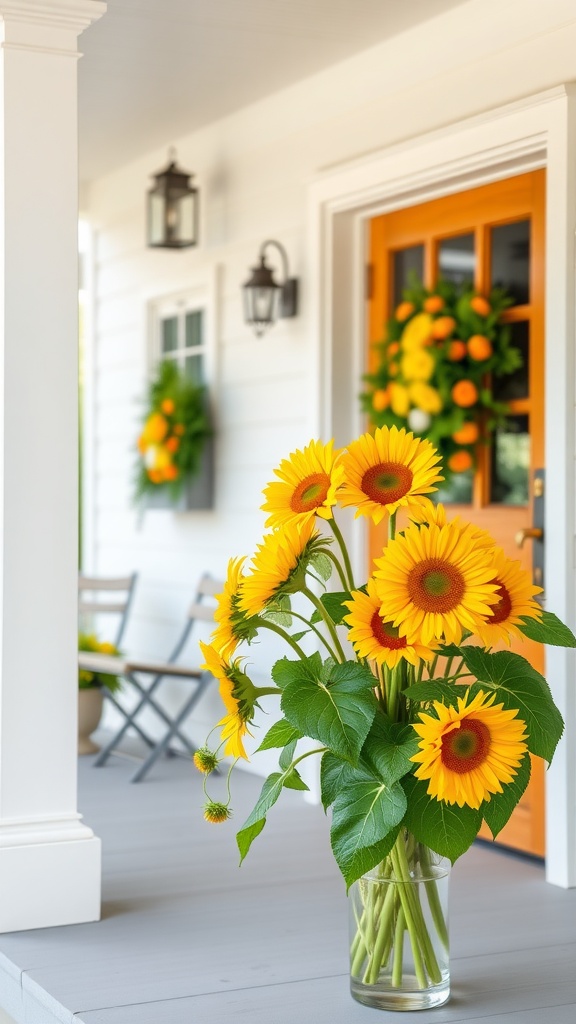 A tall vase with bright sunflowers on a farmhouse front porch