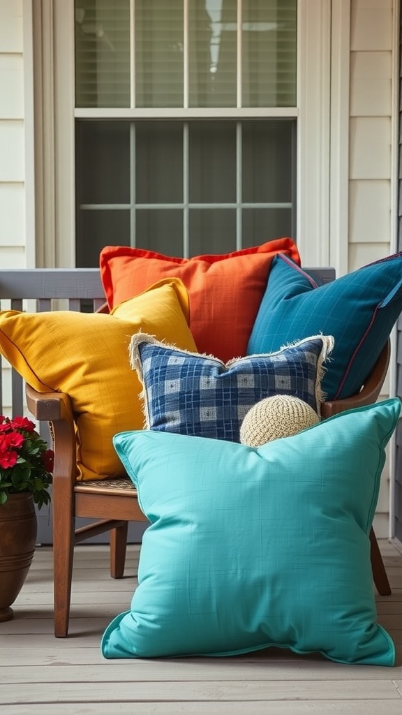 Colorful throw pillows on a porch bench