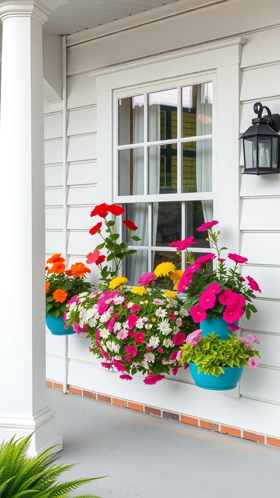 Brightly colored window boxes filled with flowers on a white house.