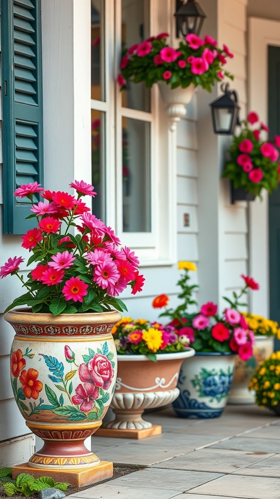 Colorful planters filled with flowers on a spring front porch