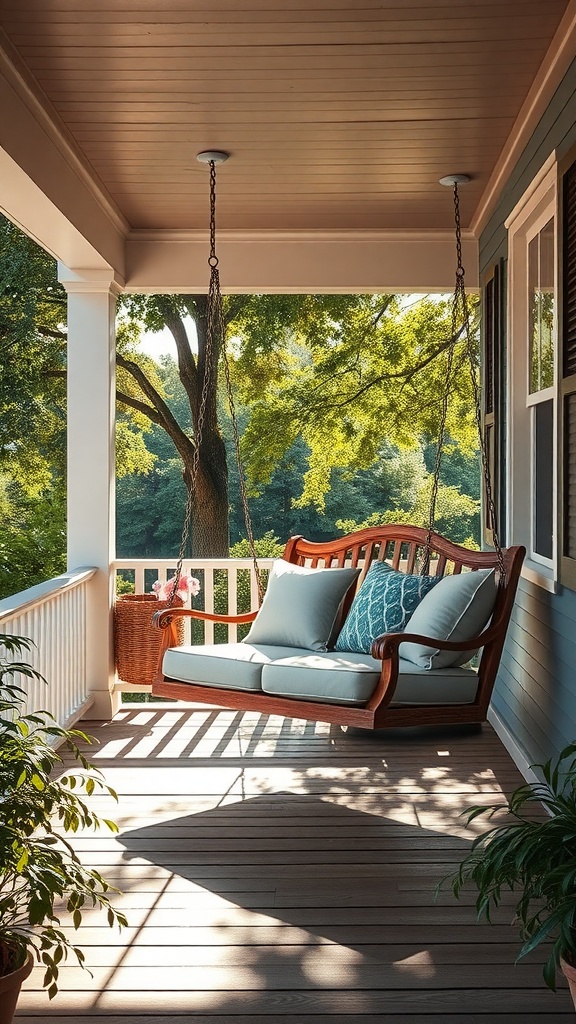 A beautiful free standing porch swing with cushions, surrounded by greenery and sunlight.