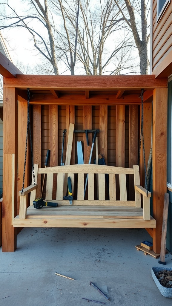 A wooden swing frame with a bed swing, tools are visible in the background.