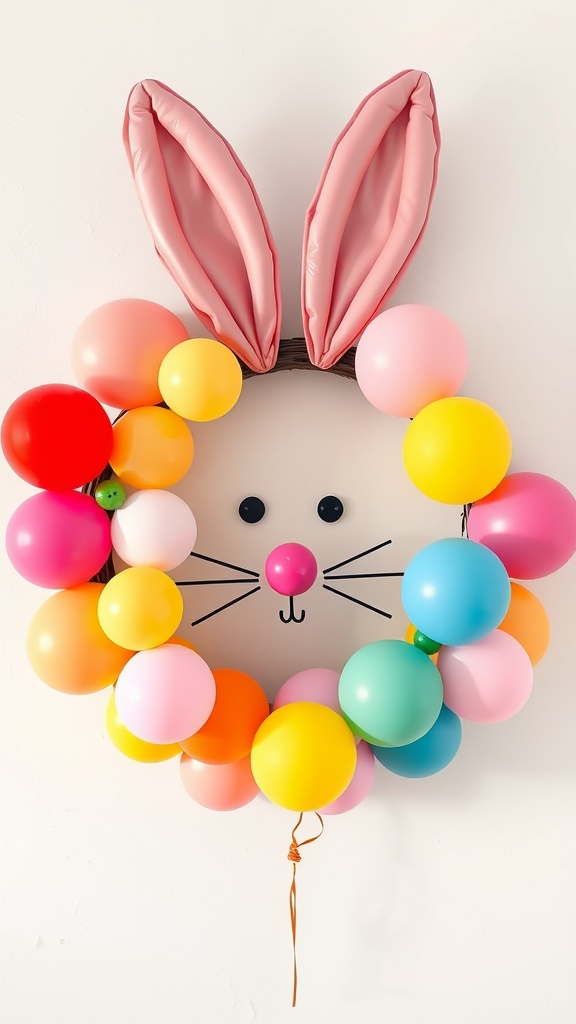 A vibrant Bunny Balloon Wreath with colorful balloons and bunny ears.