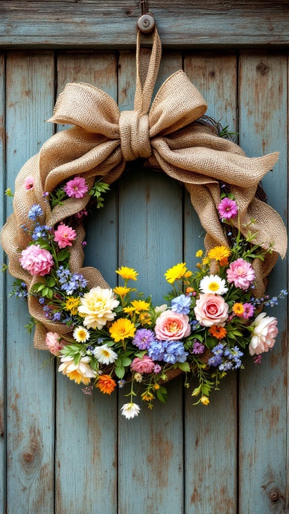 A spring wreath made of burlap and colorful flowers hanging on a wooden wall.