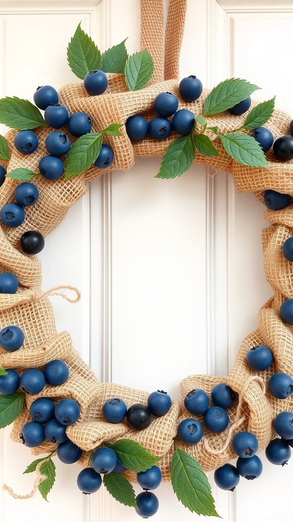 A burlap wreath adorned with blueberries and green leaves.