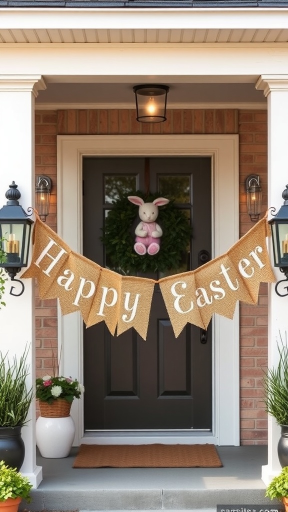 Burlap Easter banner reading 'Happy Easter' displayed on a front porch