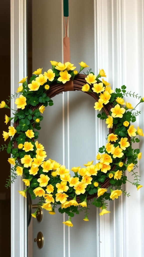 A spring wreath made of bright yellow buttercup flowers and green clover leaves, hanging on a door.