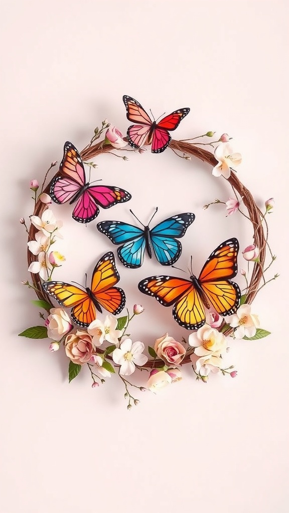 A summer wreath featuring colorful butterflies and flowers.