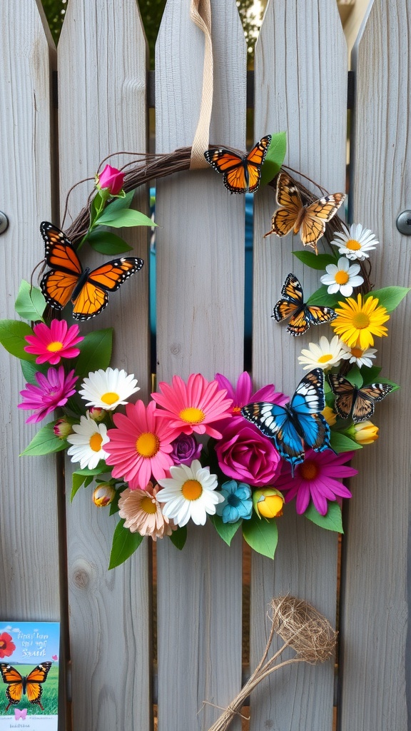 Colorful spring wreath decorated with butterflies and flowers