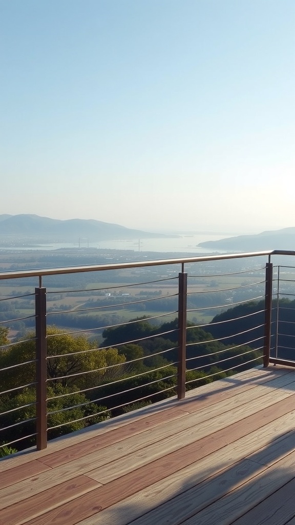 A scenic view from a porch with cable railing systems, overlooking a lush landscape and water.