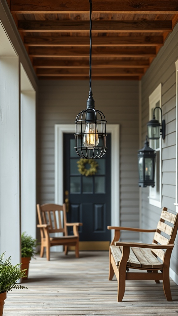 A farmhouse front porch featuring caged light fixtures and wooden seating.