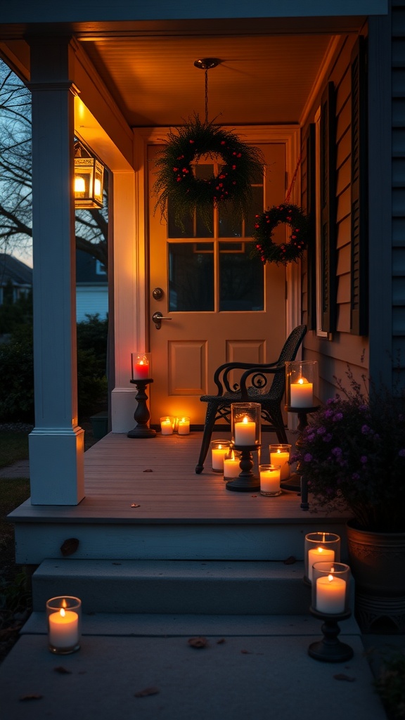 A cozy front porch decorated with candles and seasonal wreaths.