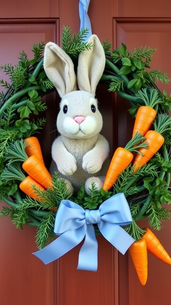 A decorative wreath with a bunny and carrots on a door.