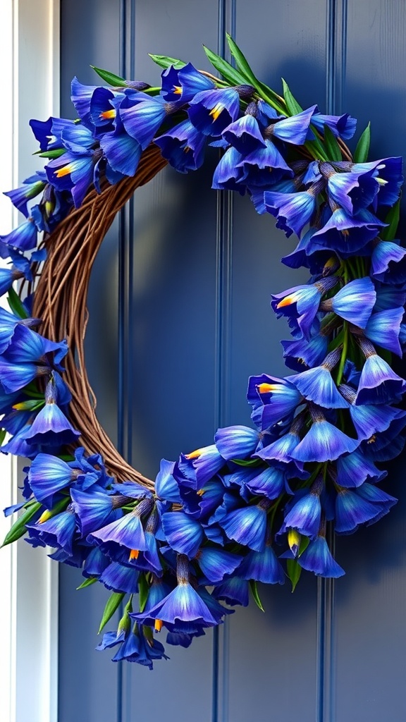 A beautiful spring floral wreath featuring cascading blue iris blooms on a door.