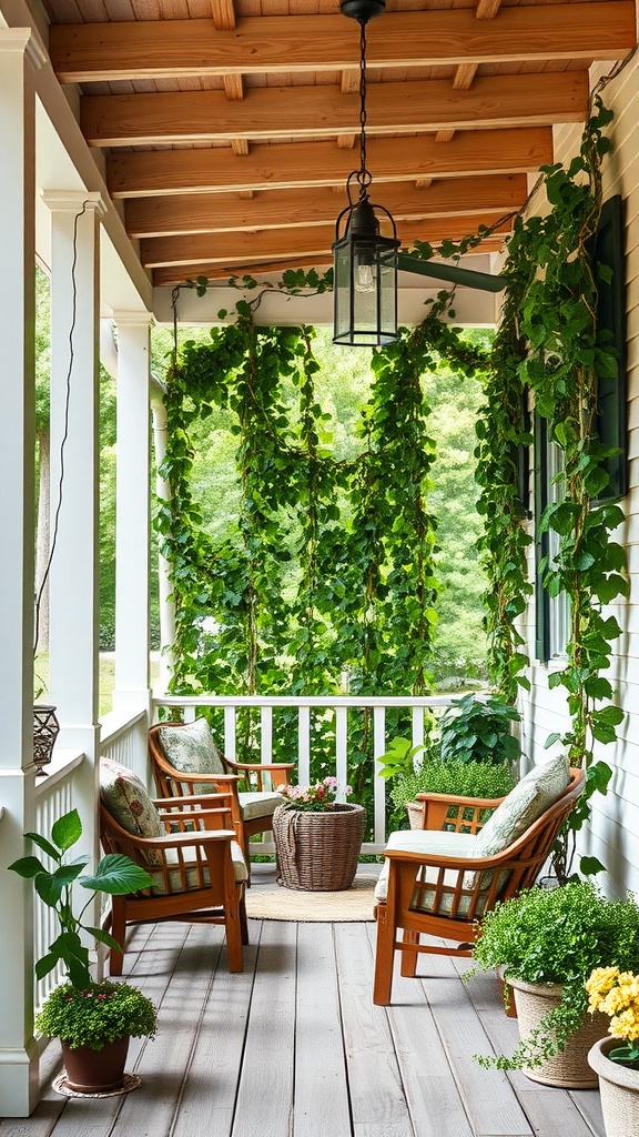 A cozy farmhouse front porch with cascading green vines, two wooden chairs, and potted plants.