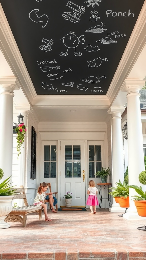 A porch with a chalkboard painted ceiling featuring drawings and two children playing.