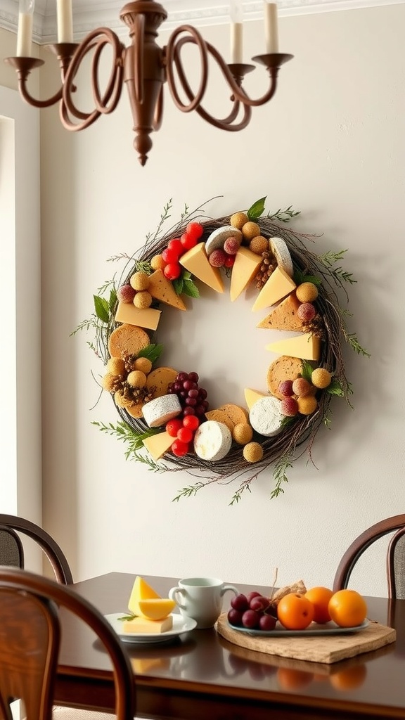 A decorative grapevine wreath featuring various cheeses, fruits, and nuts arranged aesthetically.