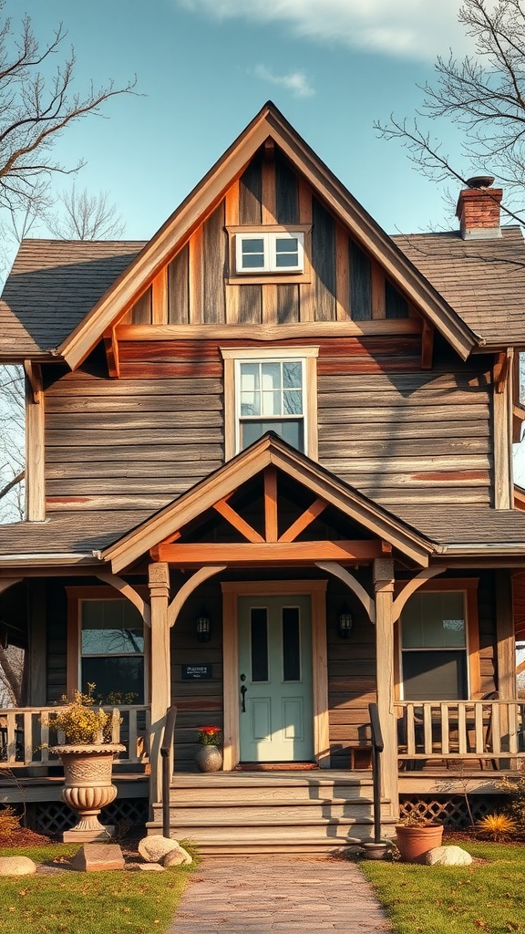 A charming rustic farmhouse with a wrap-around porch and wooden details.