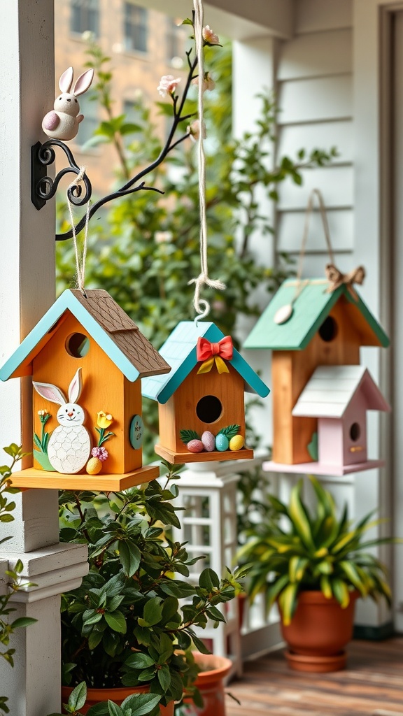 Colorful birdhouses decorated with Easter accents, including bunnies and eggs, hanging on a porch.