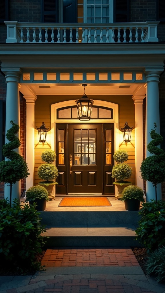 Charming farmhouse front porch with boxwood topiaries on either side of the door.