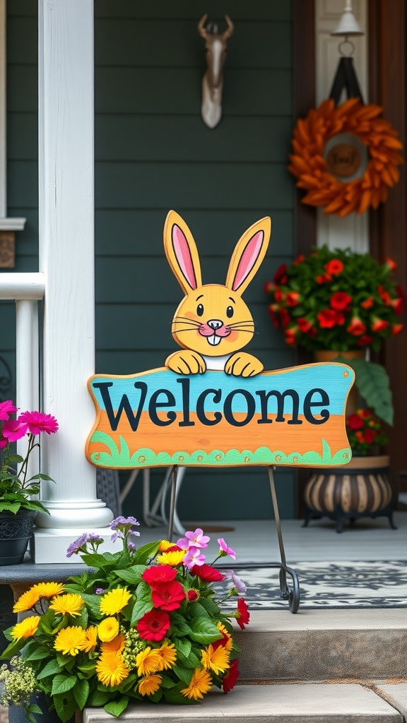 A charming bunny welcome sign on a front porch surrounded by colorful flowers.