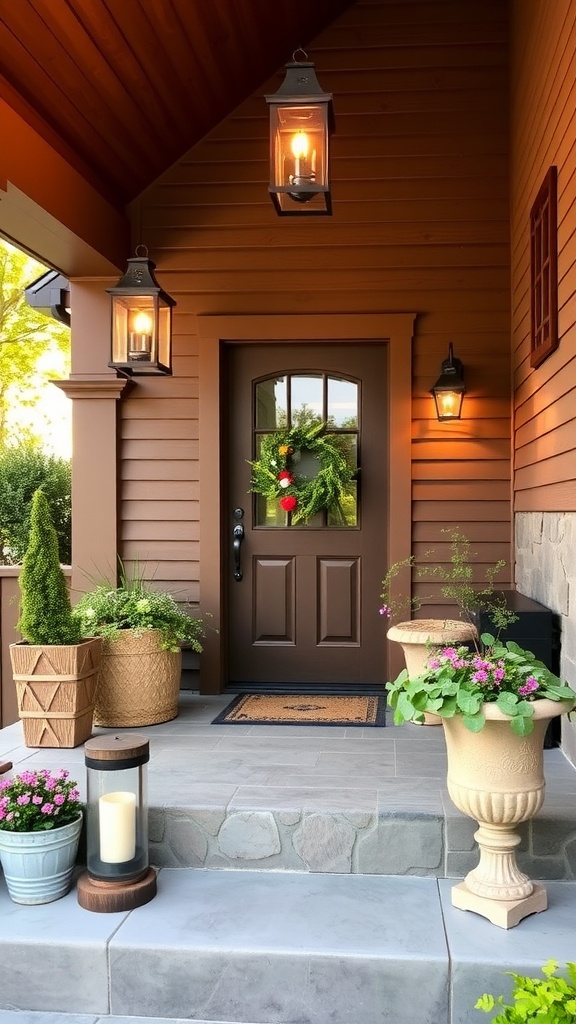 A beautifully decorated front porch featuring a wooden door, a green wreath, potted flowers, and decorative lanterns.