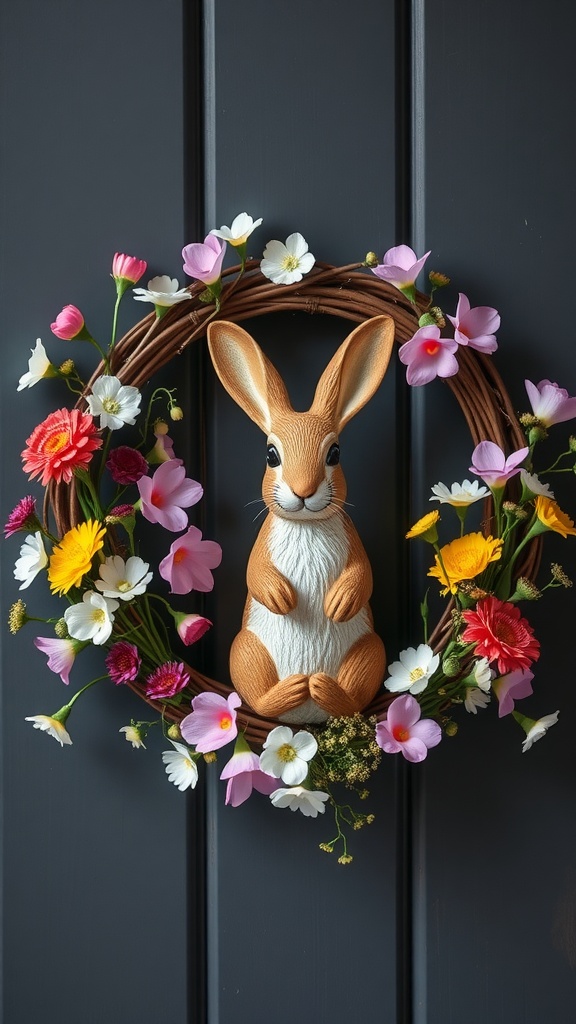 A charming wreath featuring a bunny surrounded by colorful flowers.