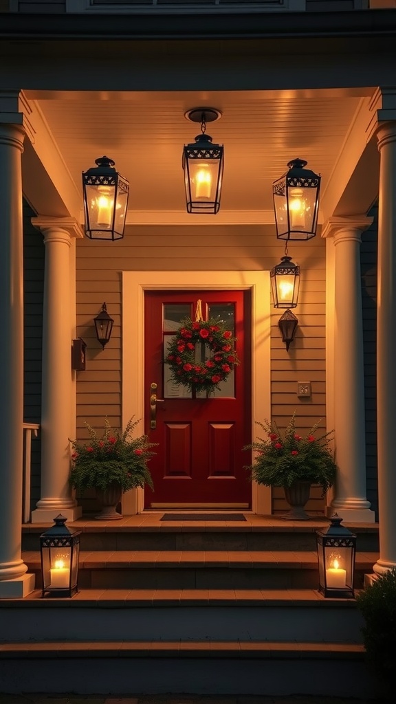 A beautifully decorated small front porch with lanterns and a red door.