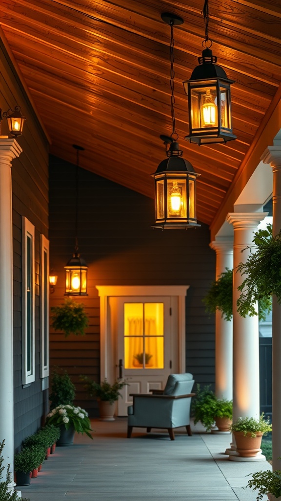 A cozy farmhouse front porch with hanging lanterns and a comfortable chair