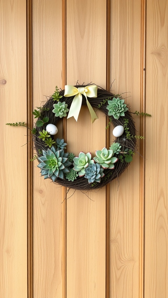 Easter wreath with mini succulents and a yellow ribbon on a wooden background.