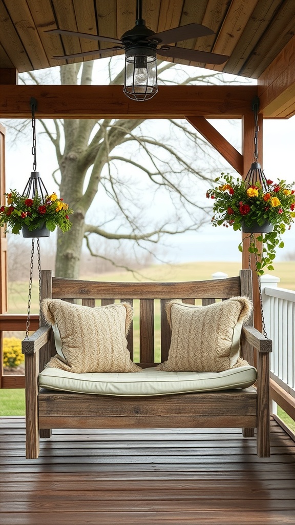 A charming porch swing with cushions, surrounded by hanging flower pots