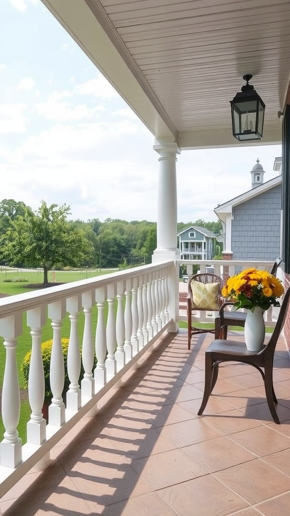 A farmhouse front porch featuring white railings, a comfortable chair, and colorful flowers.