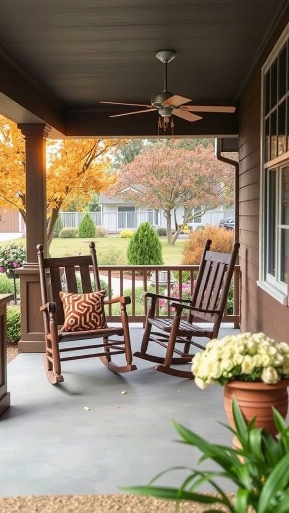 Two wooden rocking chairs on a front porch surrounded by potted plants.