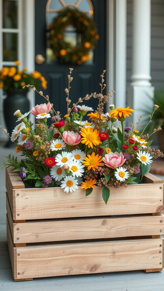 A beautiful arrangement of artificial flowers in a rustic wooden container on a porch.