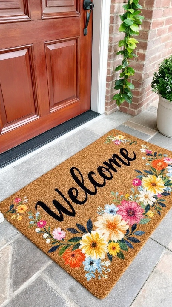 Colorful welcome mat with floral designs and the word 'welcome' at a front porch door