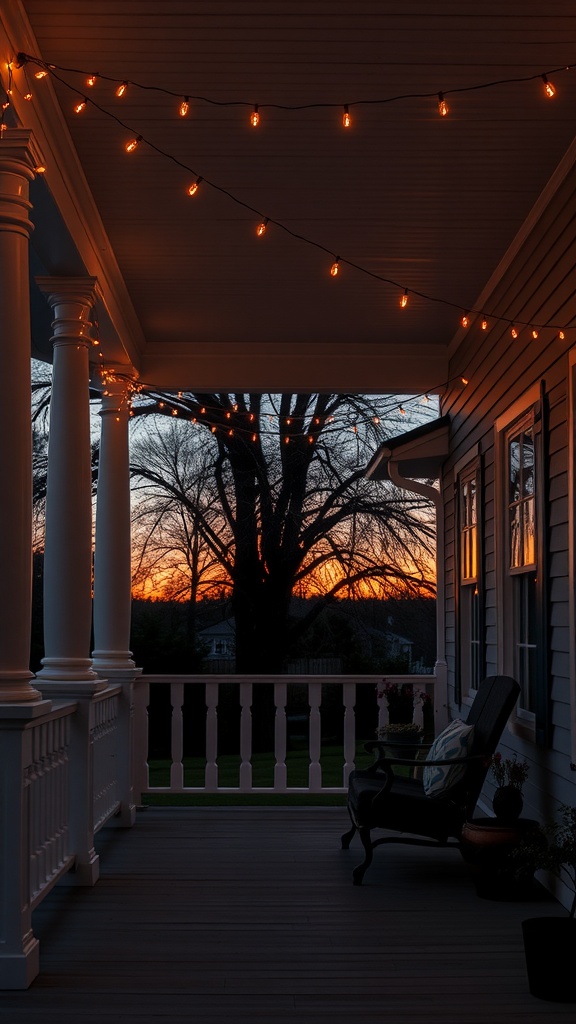 A porch decorated with string lights illuminating the space as the sun sets.