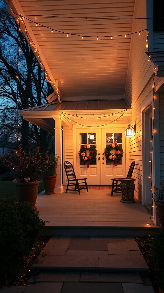 Farmhouse front porch decorated with string lights for evening ambiance