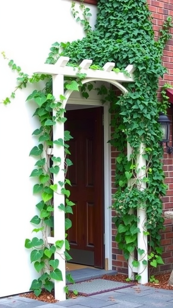 A charming entryway with a white trellis covered in green vines, leading to a wooden door.