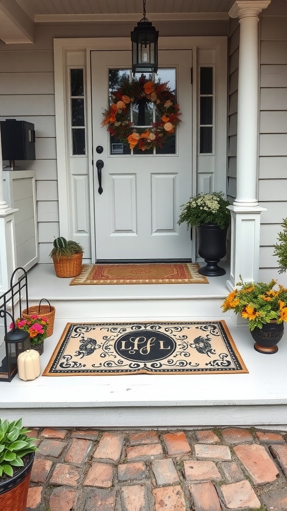 Small front porch with a decorative welcome mat and plants