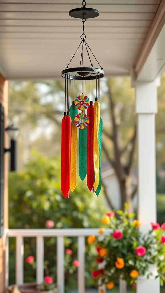 Colorful wind chimes hanging on a porch.