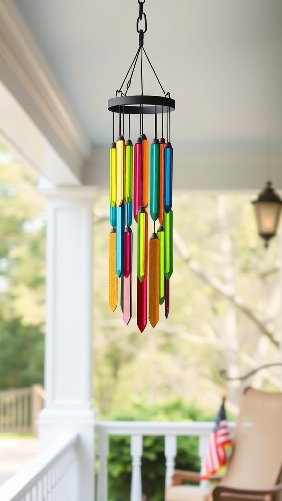 Colorful wind chimes hanging on a summer porch