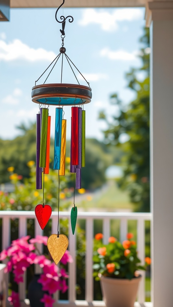 Colorful wind chimes hanging on a porch with flowers in the background